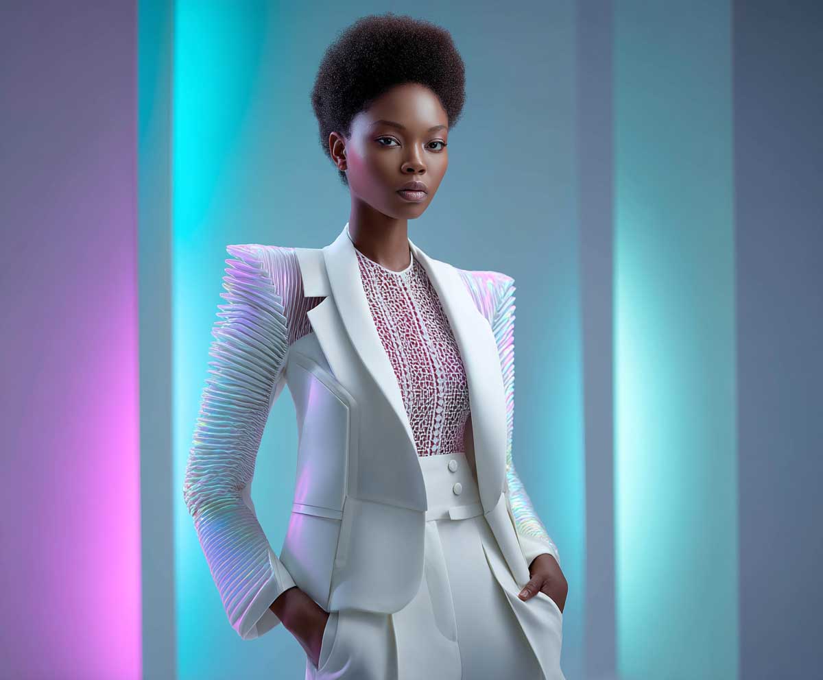 model wearing a futuristic white modular-cut blazer featuring holographic pink pleated panels on shoulders and back, tech-fabric trousers, studio backdrop with digital gradient lights, clean futuristic editorial look