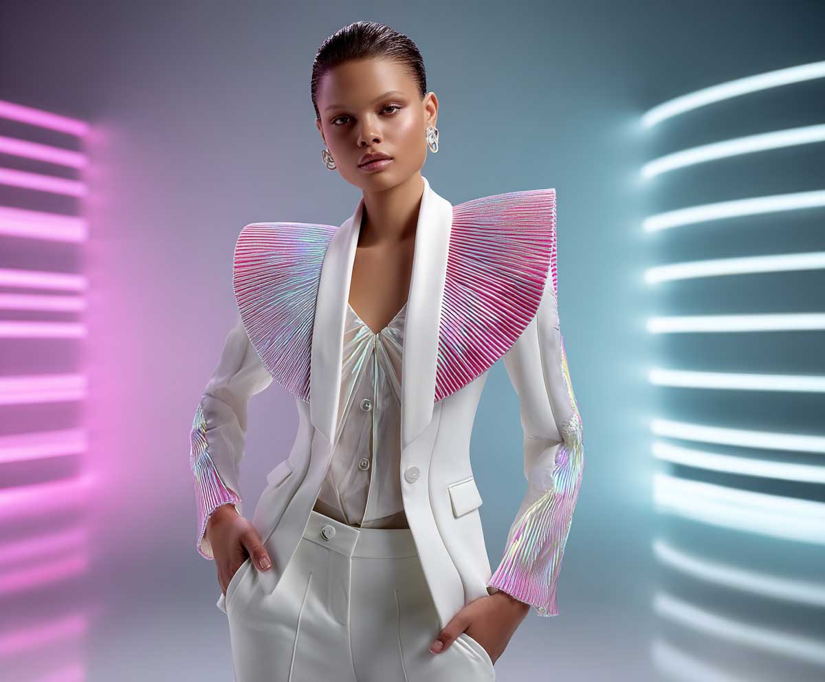 model wearing a futuristic white modular-cut blazer featuring holographic pink pleated panels on shoulders and back, tech-fabric trousers, studio backdrop with digital gradient lights, clean futuristic editorial look
