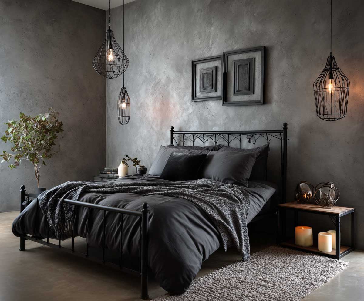 guest bedroom with concrete accent wall, black iron bed frame, charcoal bedding, industrial pendant lights, minimal art, urban loft style, moody lighting, raw textures, interior design photography