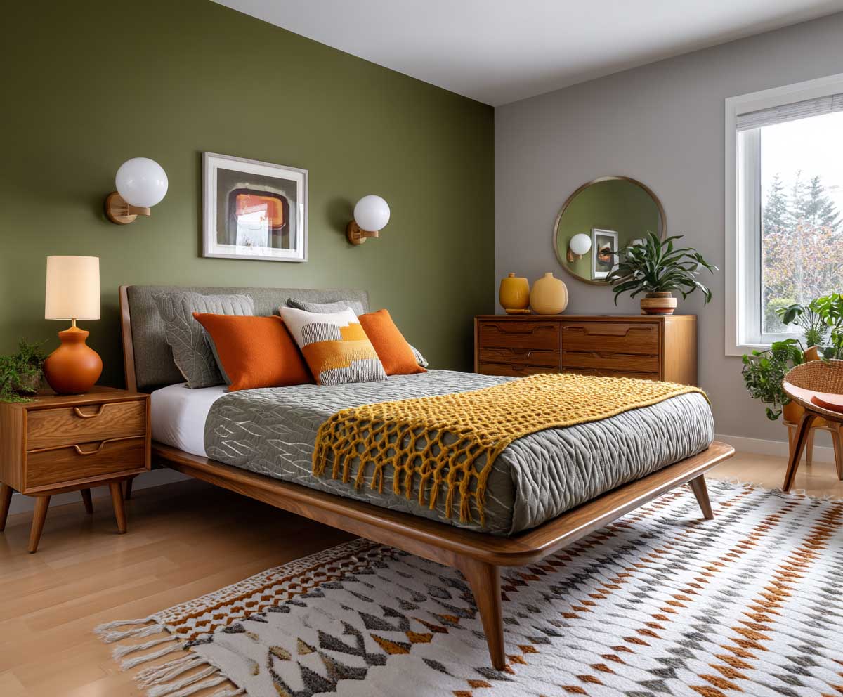 mid century inspired guest bedroom with olive green accent wall, geometric pattern area rug, warm wood furniture, vintage sconce lighting, orange and mustard tones, retro decor, ambient lighting