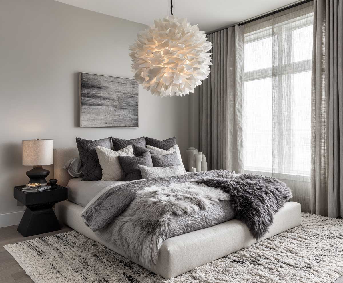 guest bedroom in monochrome gray tones, layered bedding in light and dark grays, sculptural modern pendant light, textured area rug, minimalist decor, soft dramatic lighting, cozy modern interior