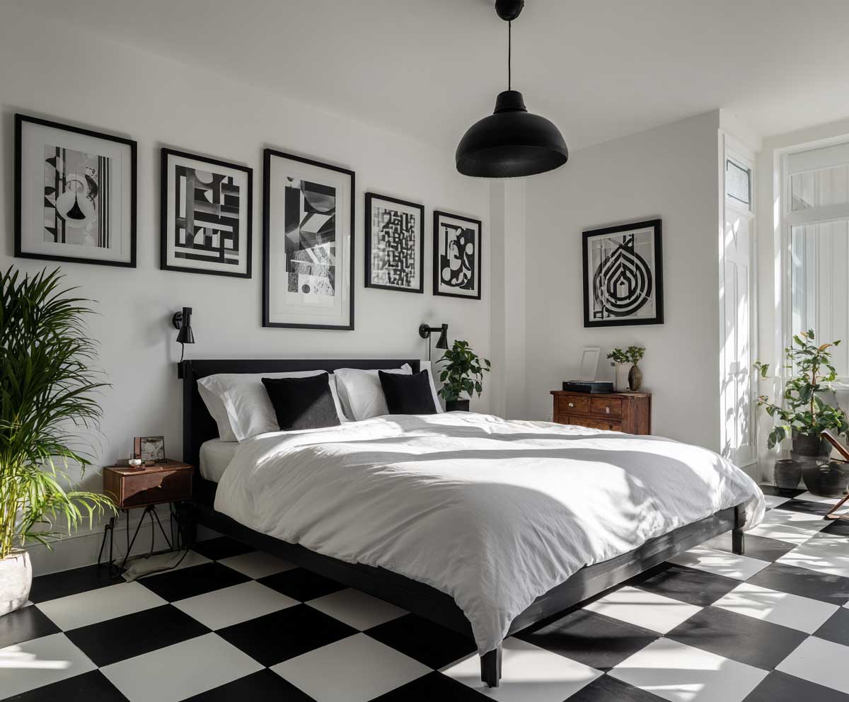 monochrome guest bedroom with black and white checkerboard floor, minimal furnishings, white walls, modern black bed frame, graphic art prints, bold contrast lighting, clean dramatic style