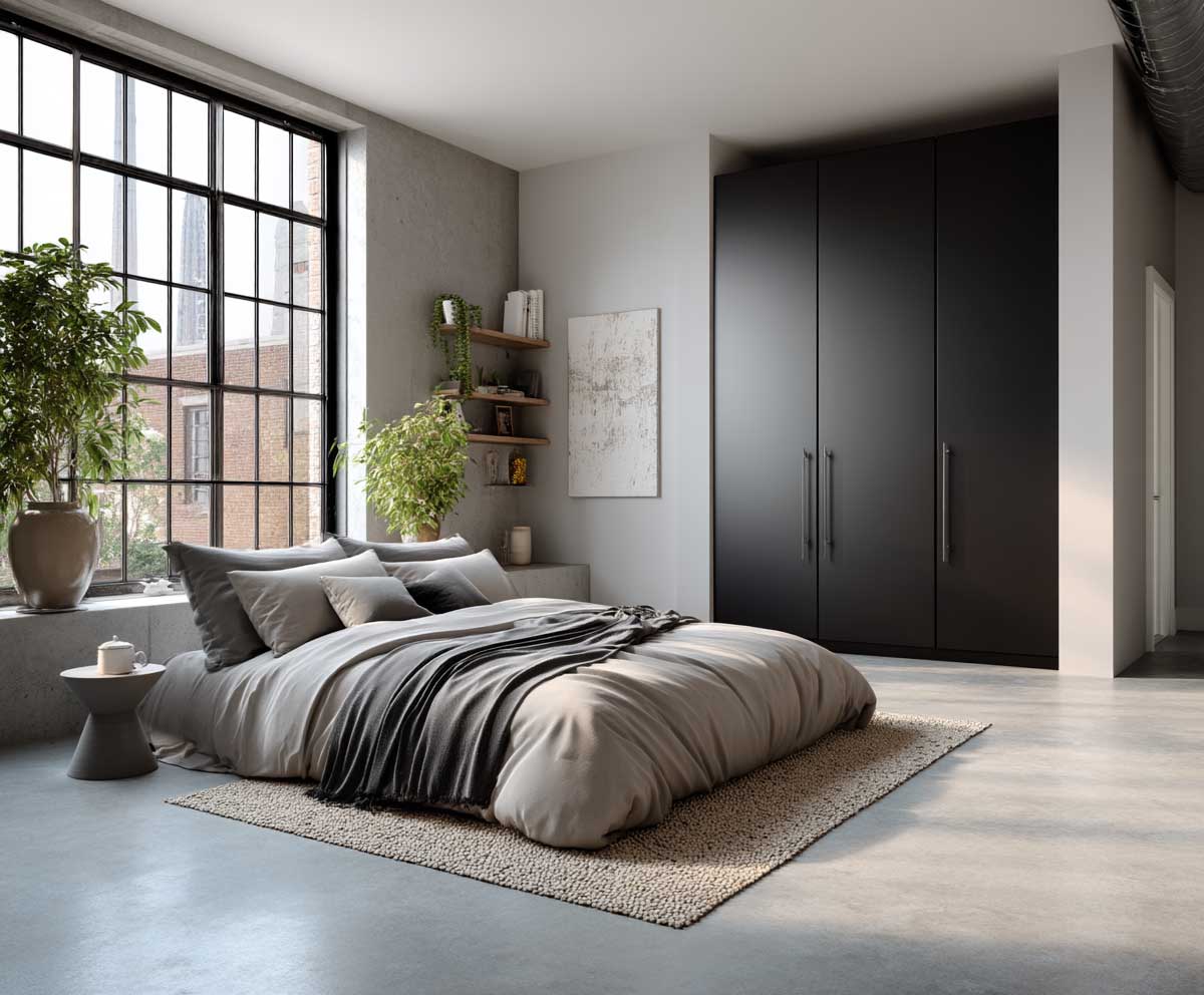 minimalist industrial guest bedroom with black steel wardrobe, smooth concrete floors, neutral bed linens, large industrial window, matte black wall art, modern urban interior, clean and edgy style