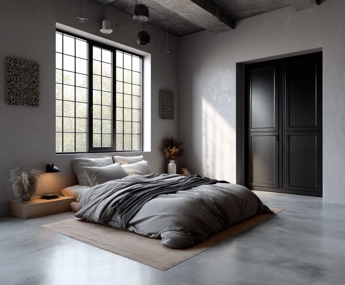 minimalist industrial guest bedroom with black steel wardrobe, smooth concrete floors, neutral bed linens, large industrial window, matte black wall art, modern urban interior, clean and edgy style