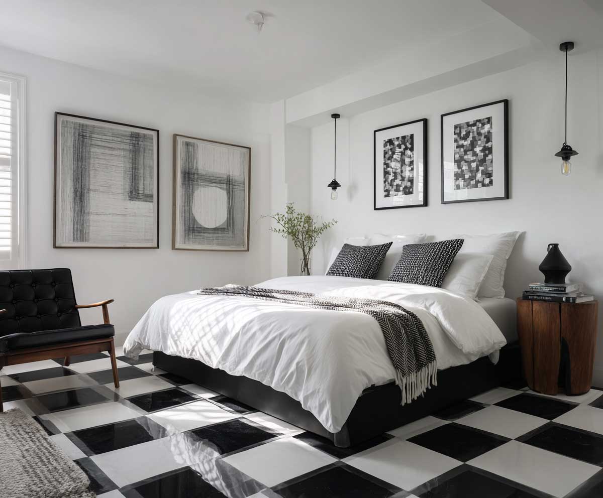 monochrome guest bedroom with black and white checkerboard floor, minimal furnishings, white walls, modern black bed frame, graphic art prints, bold contrast lighting, clean dramatic style
