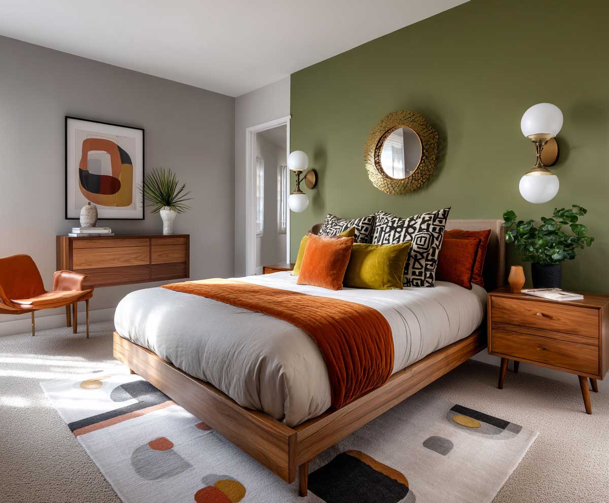 mid century inspired guest bedroom with olive green accent wall, geometric pattern area rug, warm wood furniture, vintage sconce lighting, orange and mustard tones, retro decor, ambient lighting