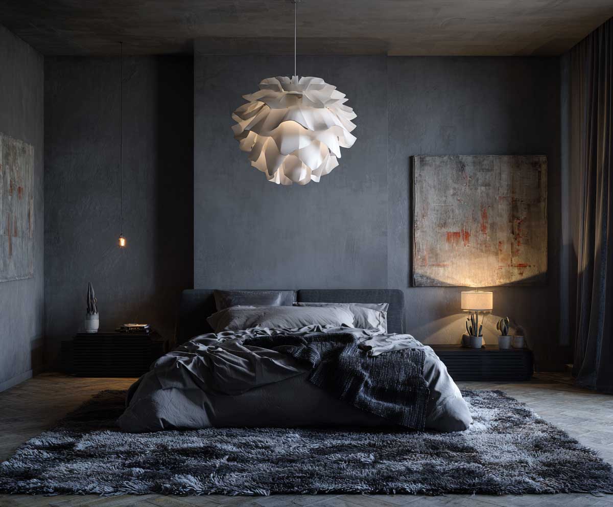 guest bedroom in monochrome gray tones, layered bedding in light and dark grays, sculptural modern pendant light, textured area rug, minimalist decor, soft dramatic lighting, cozy modern interior