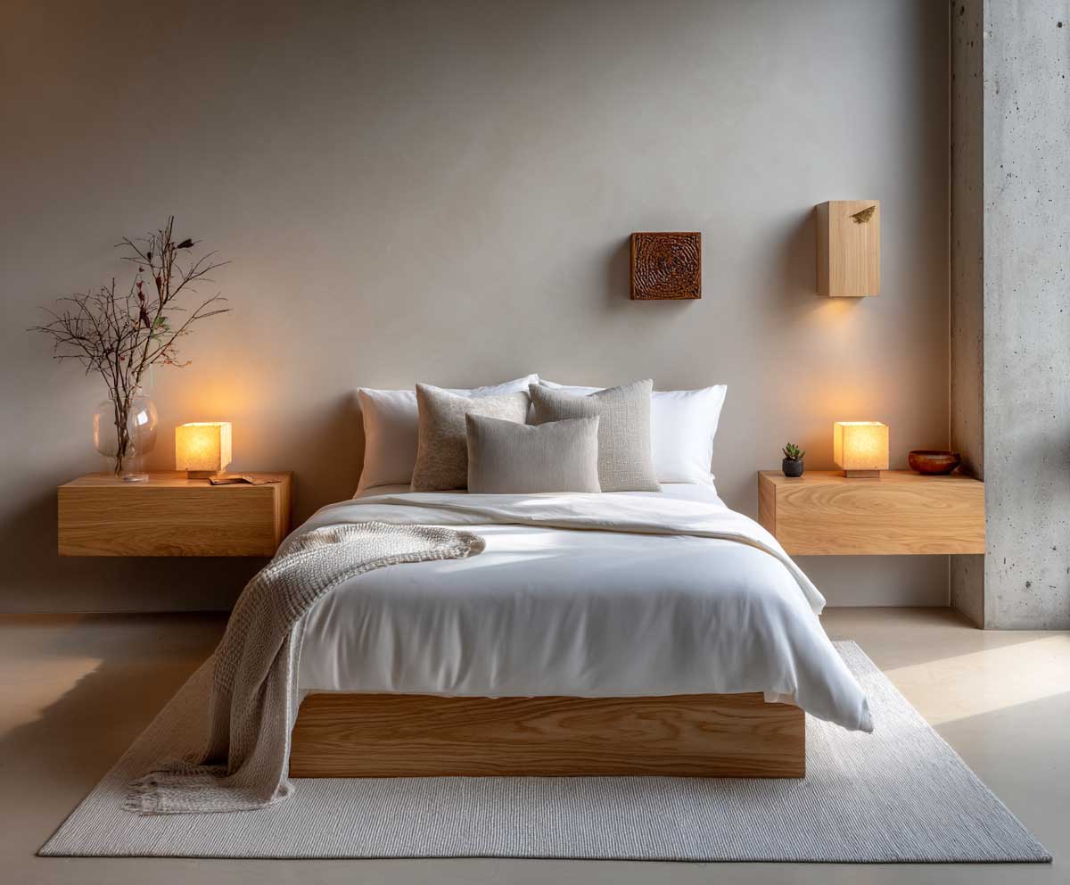 minimalist guest bedroom with floating light wood nightstands, crisp white bedding, soft lighting, neutral wall tones, no clutter, cozy and modern styling, natural materials, peaceful mood, interior photography