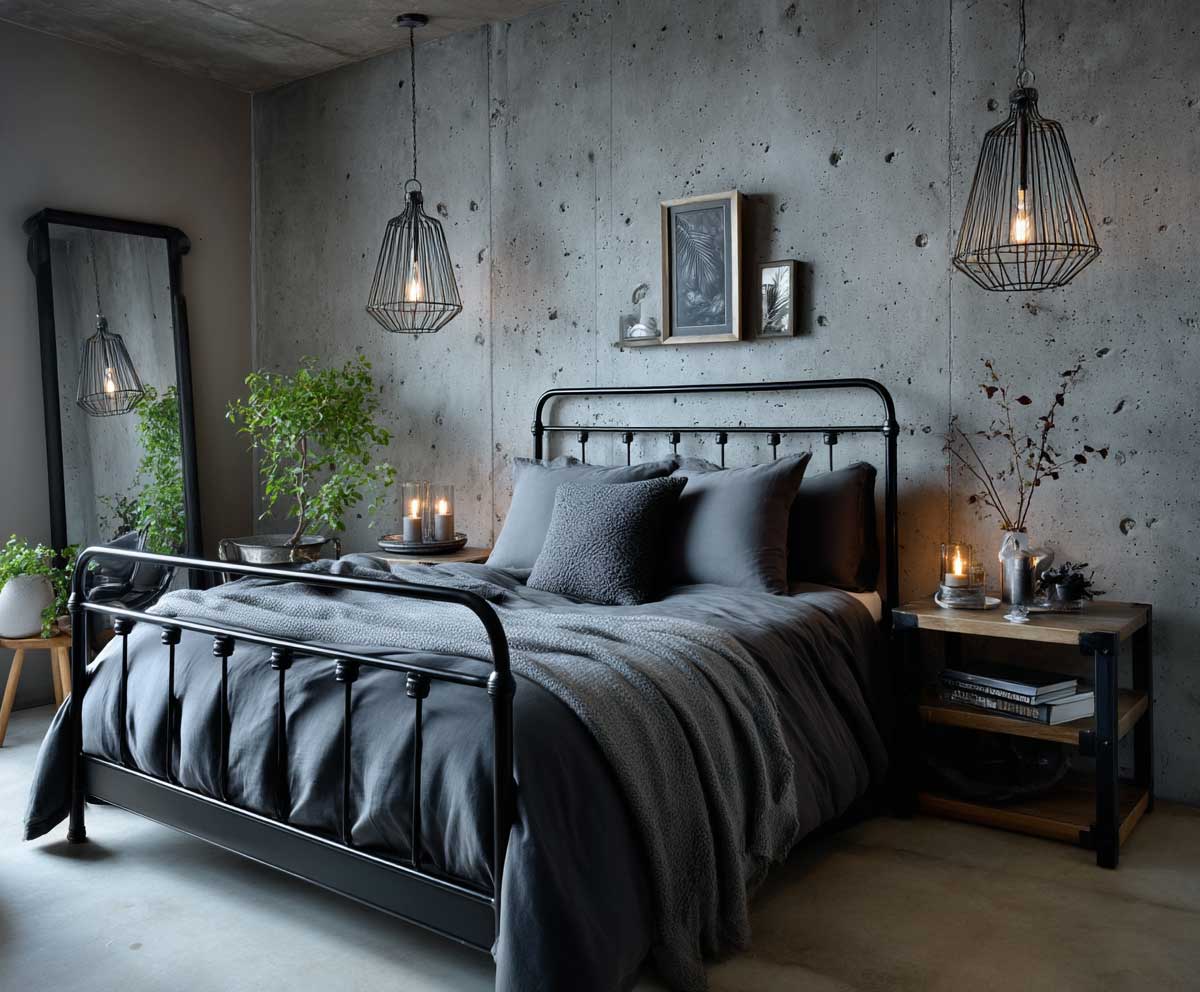 guest bedroom with concrete accent wall, black iron bed frame, charcoal bedding, industrial pendant lights, minimal art, urban loft style, moody lighting, raw textures, interior design photography