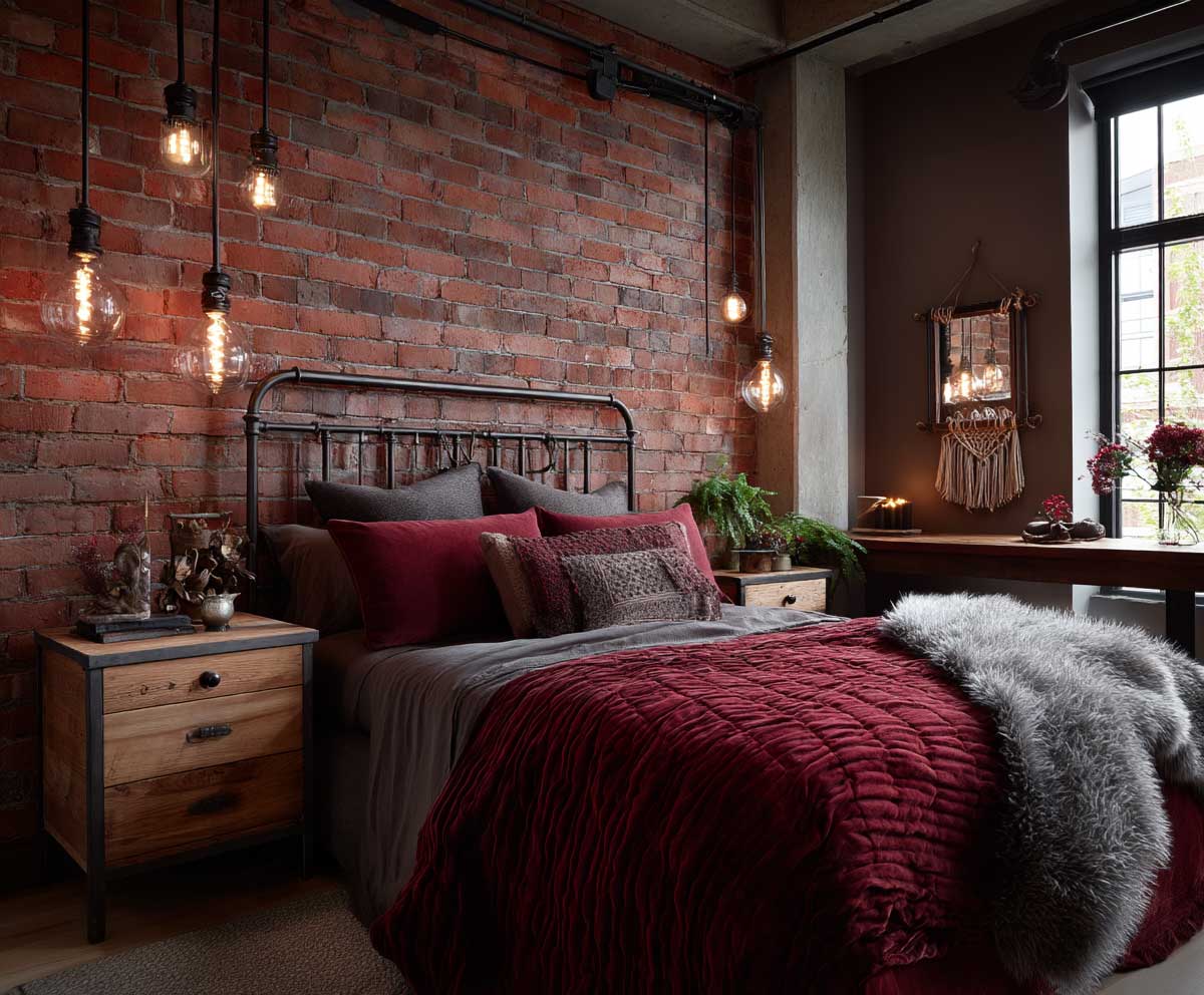 guest bedroom with red exposed brick wall, hanging Edison bulb lights, rustic wood nightstands, industrial bed with dark metal frame, moody warm tones, urban vintage aesthetic, cozy industrial style