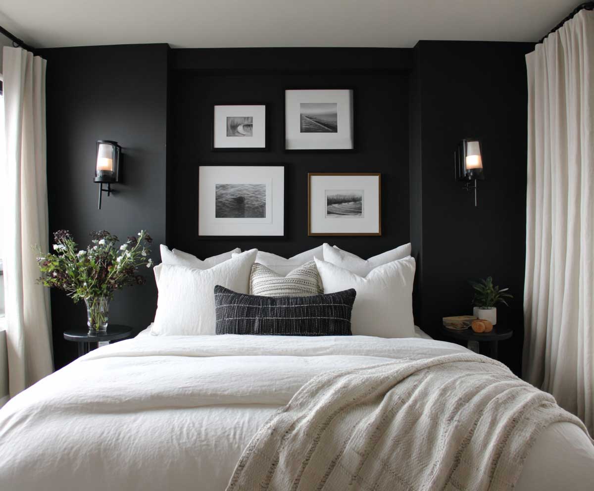 guest bedroom with black feature wall, crisp white bedding, black and white framed art, modern wall sconces, high contrast monochrome color scheme, moody lighting, elegant minimalist design