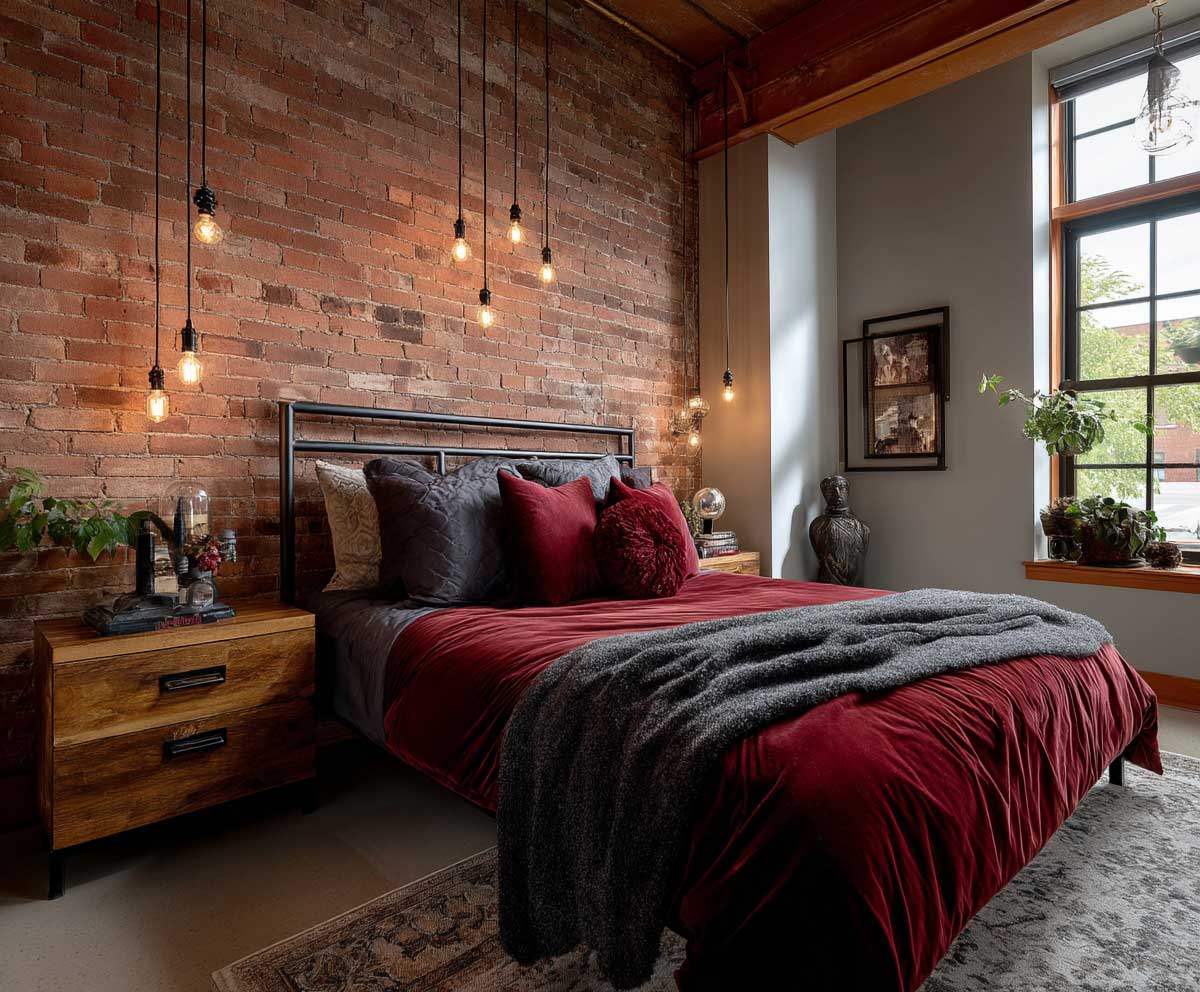 guest bedroom with red exposed brick wall, hanging Edison bulb lights, rustic wood nightstands, industrial bed with dark metal frame, moody warm tones, urban vintage aesthetic, cozy industrial style