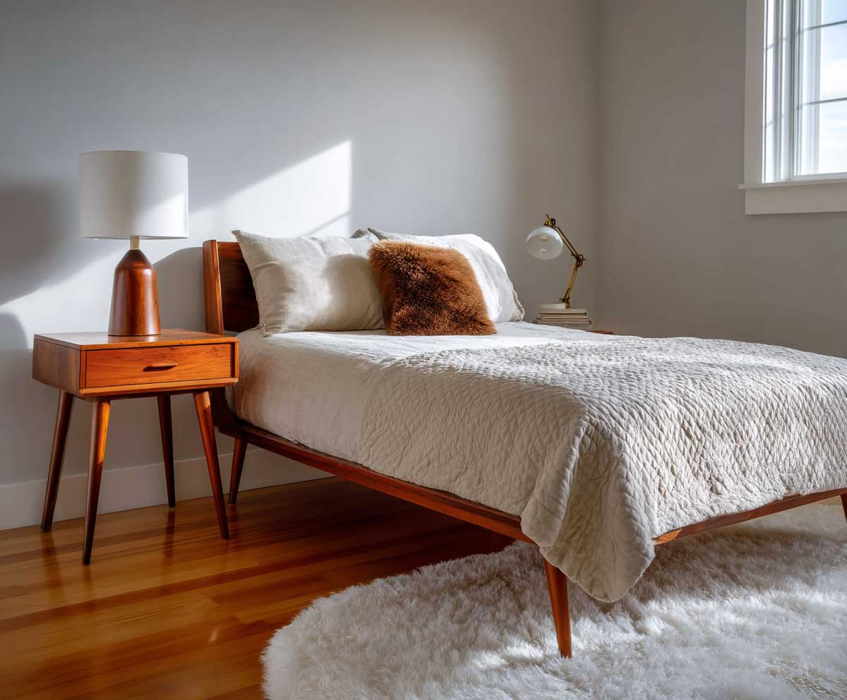 retro mid century guest bedroom with teak wood furniture, bed with tapered legs, vintage reading lamp, minimal decor, cream bedding, soft lighting, cozy and warm interior, inviting vintage feel