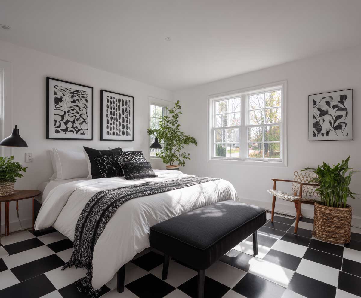 monochrome guest bedroom with black and white checkerboard floor, minimal furnishings, white walls, modern black bed frame, graphic art prints, bold contrast lighting, clean dramatic style