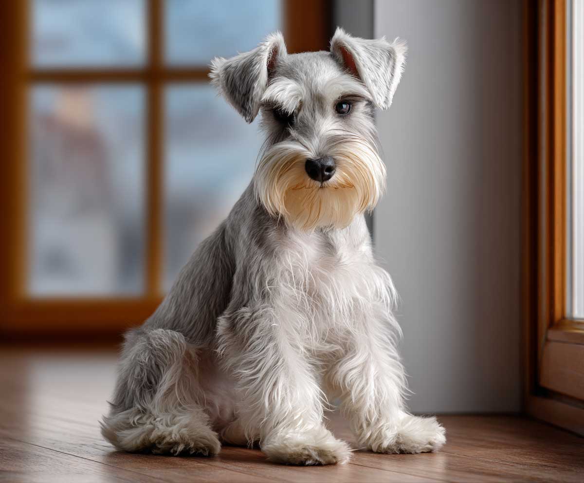 Mini Schnauzer in a puppy show hybrid cut with a softly layered beard and tidy legs, white and gray fur, sitting on polished wood floor near a full-length window, morning light, calm pose, detailed texture