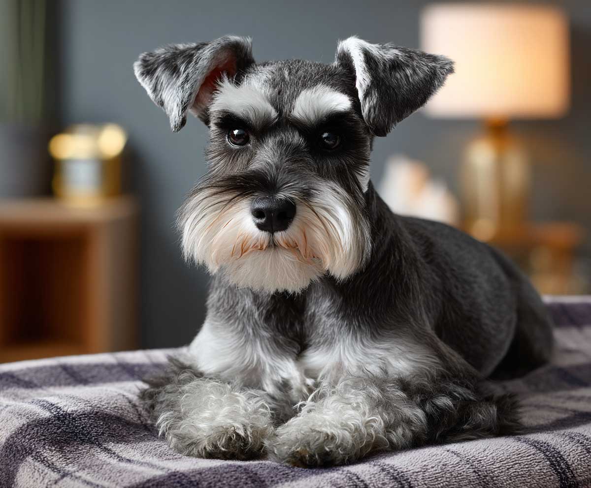 Mini Schnauzer with a modified pet trim and soft rounded eyebrows, black and silver fur, seated on a plaid grooming towel in a softly lit home interior, relaxed expression, high detail, natural colors