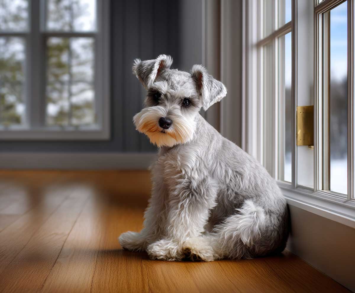 Mini Schnauzer in a puppy show hybrid cut with a softly layered beard and tidy legs, white and gray fur, sitting on polished wood floor near a full-length window, morning light, calm pose, detailed texture