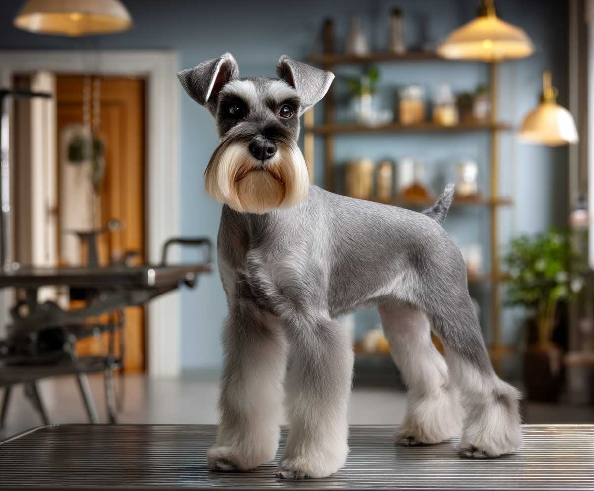 Mini Schnauzer in a traditional show cut with defined leg furnishings and sharp facial angles, salt and pepper coat, standing in a bright grooming salon with a grooming table, clean background, realistic lighting, highly detailed