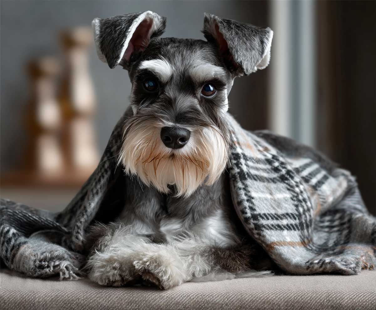 Mini Schnauzer with a modified pet trim and soft rounded eyebrows, black and silver fur, seated on a plaid grooming towel in a softly lit home interior, relaxed expression, high detail, natural colors