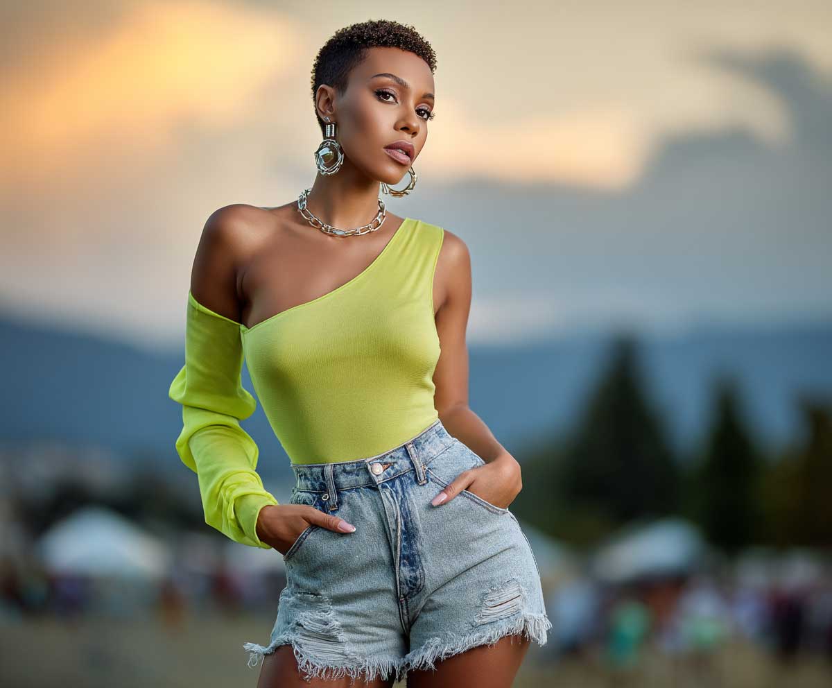 young woman wearing a neon green one shoulder top and frayed high waisted denim shorts, standing confidently in outdoor party setting, sunset light, stylish makeup, glowing skin, summer fashion vibe, full-length shot, fashion-forward, no inappropriate content