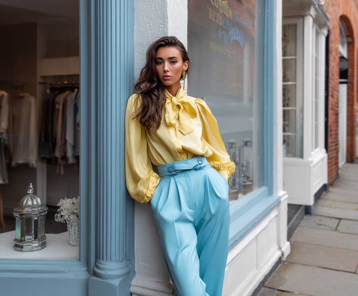 stylish woman wearing a lemon yellow blouse and sky blue tailored trousers, leaning casually near a boutique entrance, soft afternoon light, fashionable and clean styling, full-body photo, bright and elegant vibe, no revealing elements