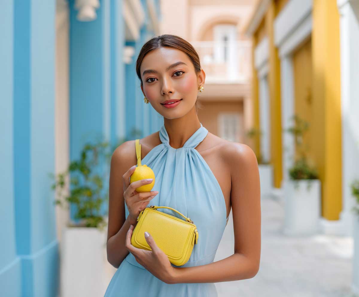 woman in sky blue halter dress holding a lemon yellow crossbody bag, standing in a bright urban courtyard, natural daylight, summer fashion, soft smile, full-body photo, cheerful and modest style, pastel tones, clean fashion look