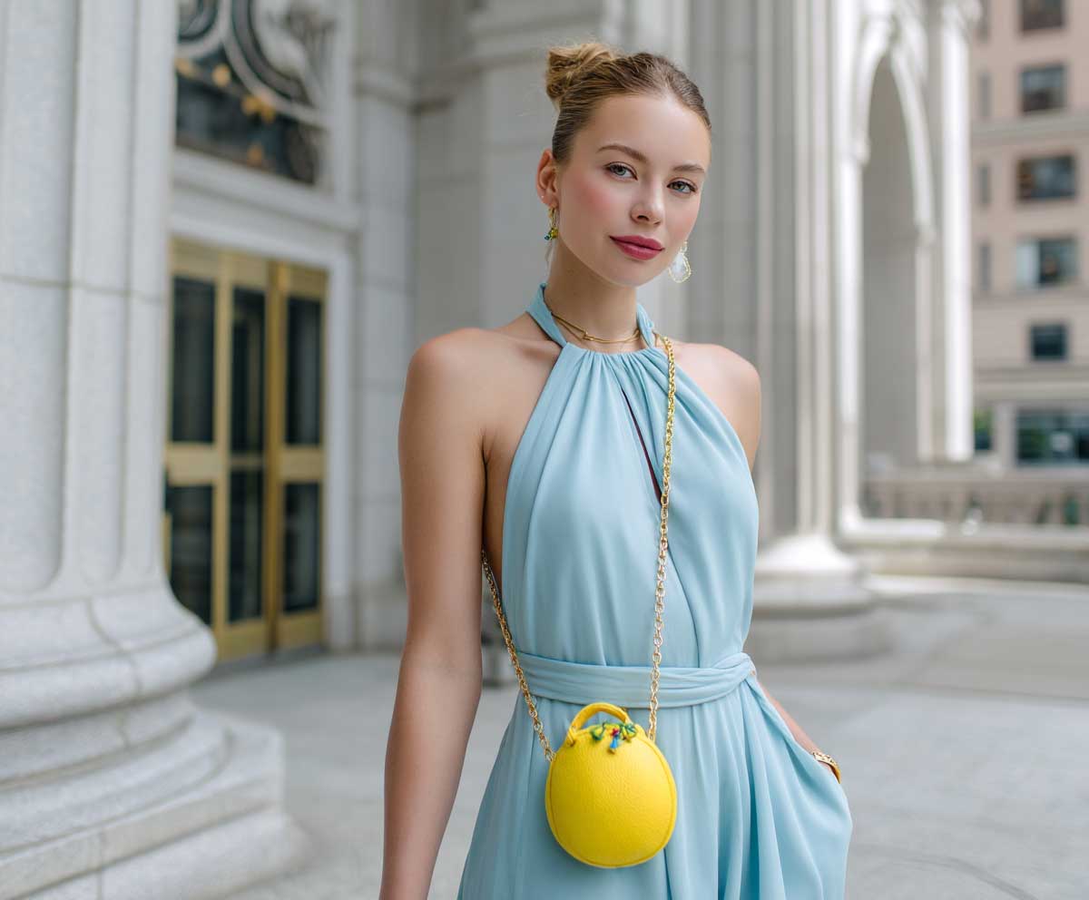 woman in sky blue halter dress holding a lemon yellow crossbody bag, standing in a bright urban courtyard, natural daylight, summer fashion, soft smile, full-body photo, cheerful and modest style, pastel tones, clean fashion look
