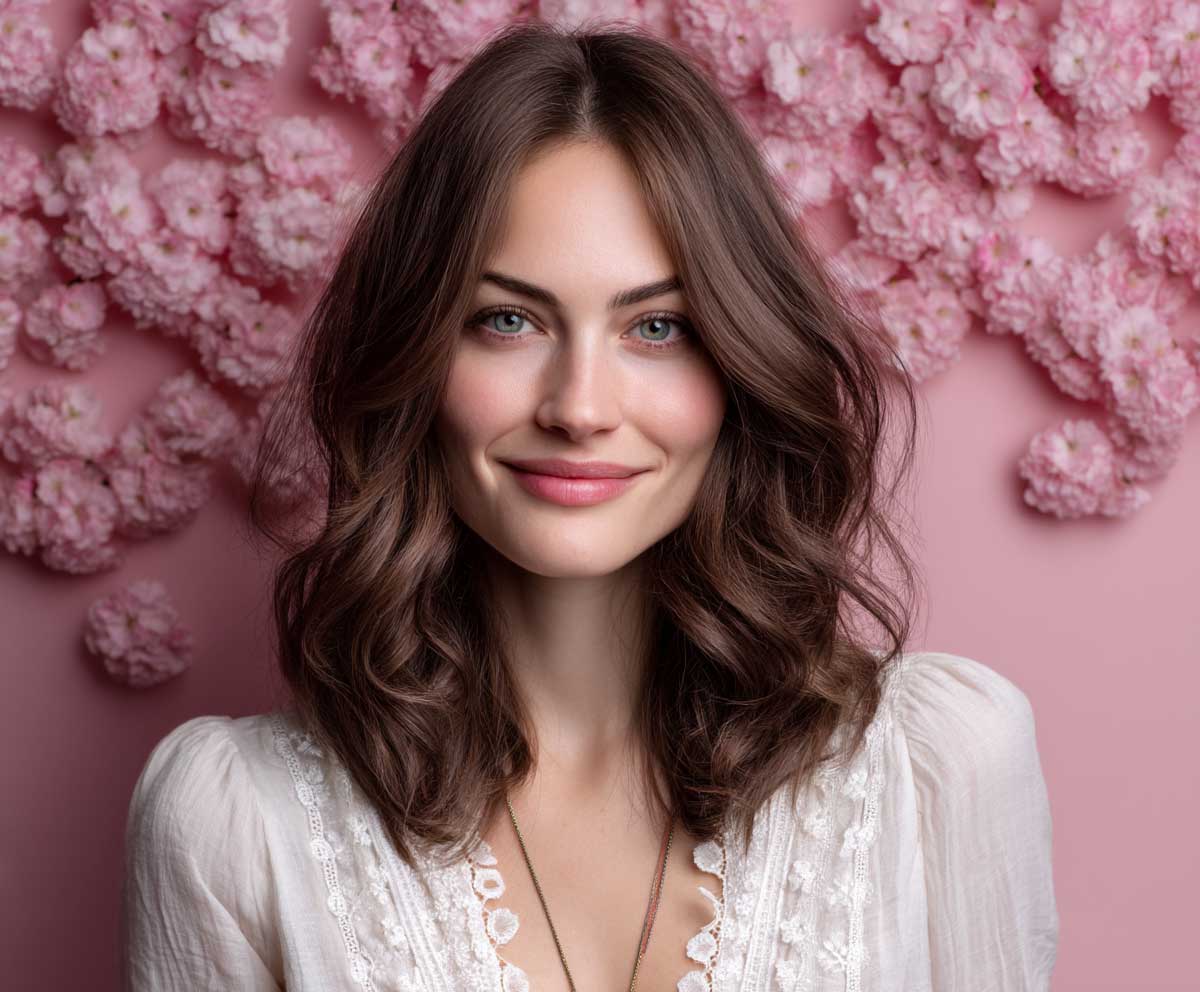 portrait of a woman with round face shape, cherry blossom pink highlights on chestnut brown hair, soft face-framing waves, studio lighting, natural makeup, smiling, beauty photography