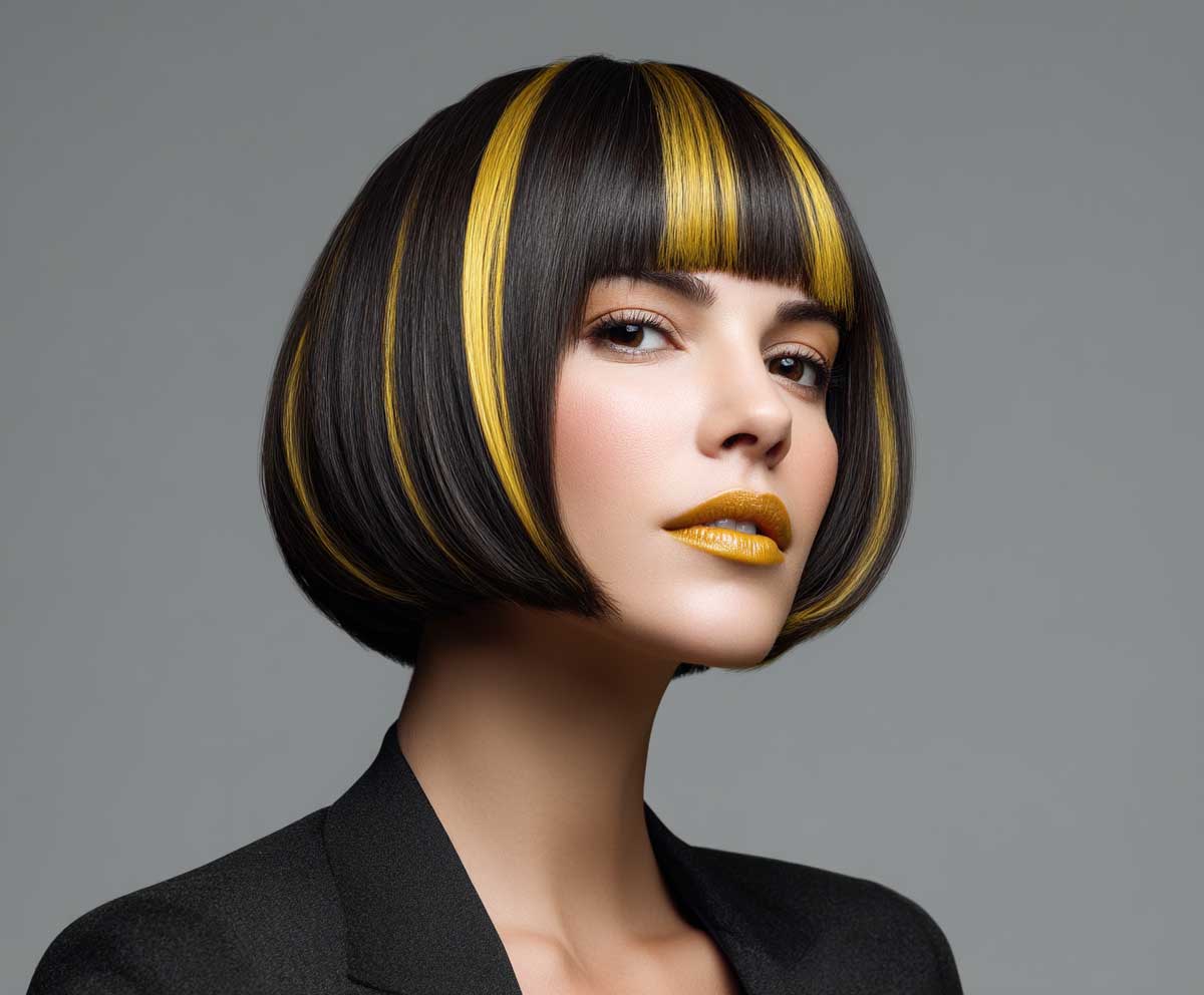 studio portrait of a woman with round face shape and high layered bob haircut, citrine yellow highlights on black hair, sleek and glossy, fashion-forward look, clean background, beauty editorial style