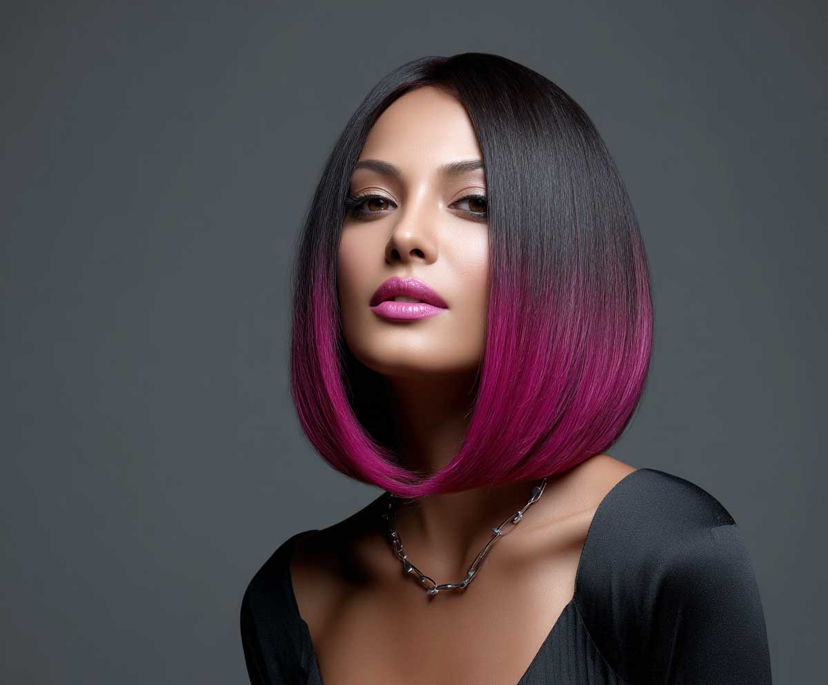 beauty portrait of a woman with oval face shape and sleek black asymmetrical lob haircut, bright magenta dipped ends, straightened hair, bold fashion studio lighting, contemporary backdrop