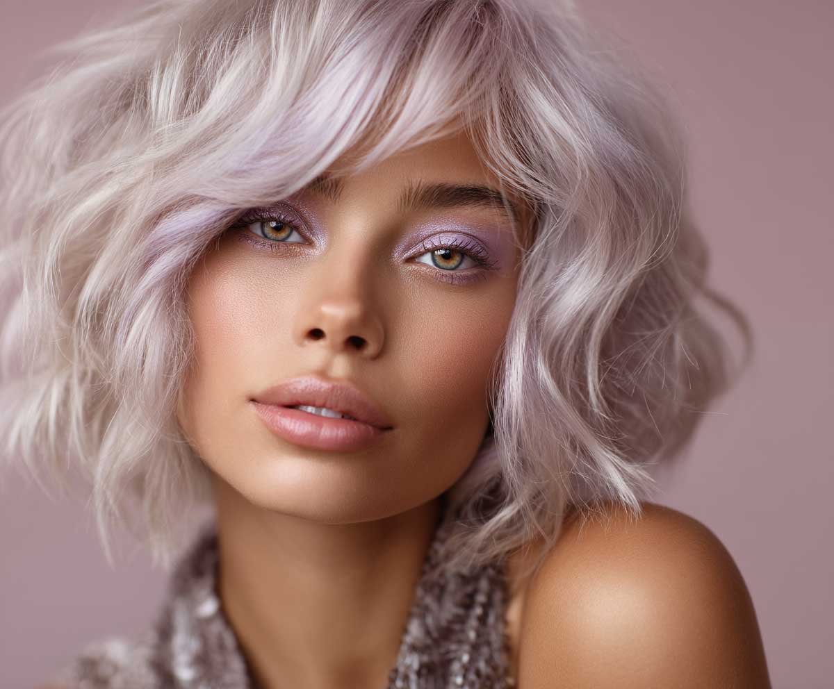 beauty portrait of a woman with heart-shaped face and tousled ash blonde lob, hidden lavender blush underlights, soft waves, dreamy studio lighting, pastel tones, playful and artistic vibe