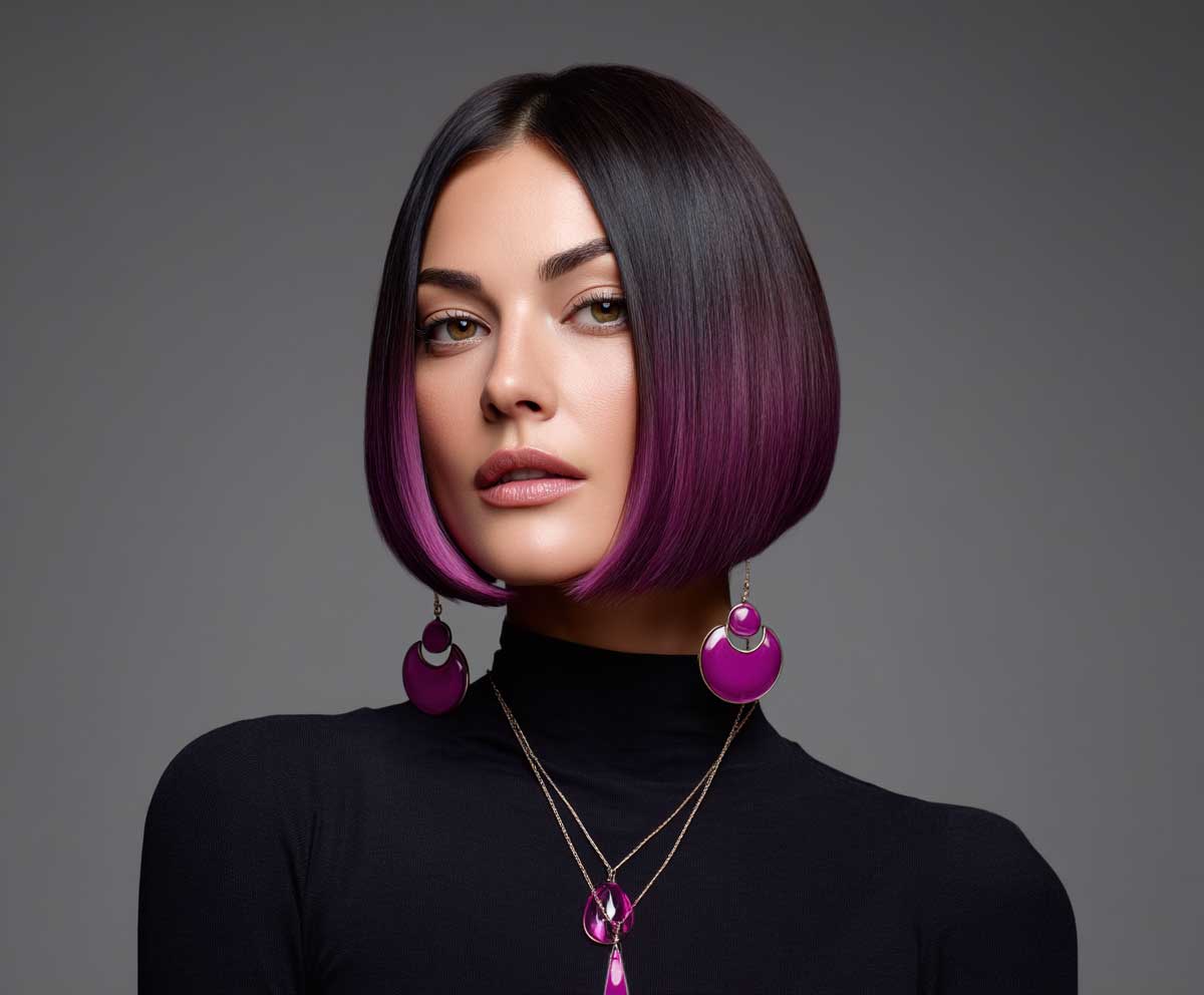 beauty portrait of a woman with oval face shape and sleek black asymmetrical lob haircut, bright magenta dipped ends, straightened hair, bold fashion studio lighting, contemporary backdrop