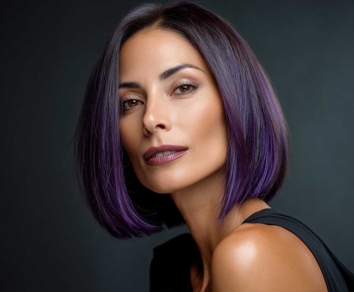 beauty portrait of a woman with long face and espresso brown shoulder-length lob haircut, electric violet curtain streaks framing the face, sleek finish, glowing skin, artistic studio lighting