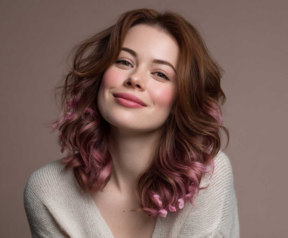 portrait of a woman with round face shape, cherry blossom pink highlights on chestnut brown hair, soft face-framing waves, studio lighting, natural makeup, smiling, beauty photography