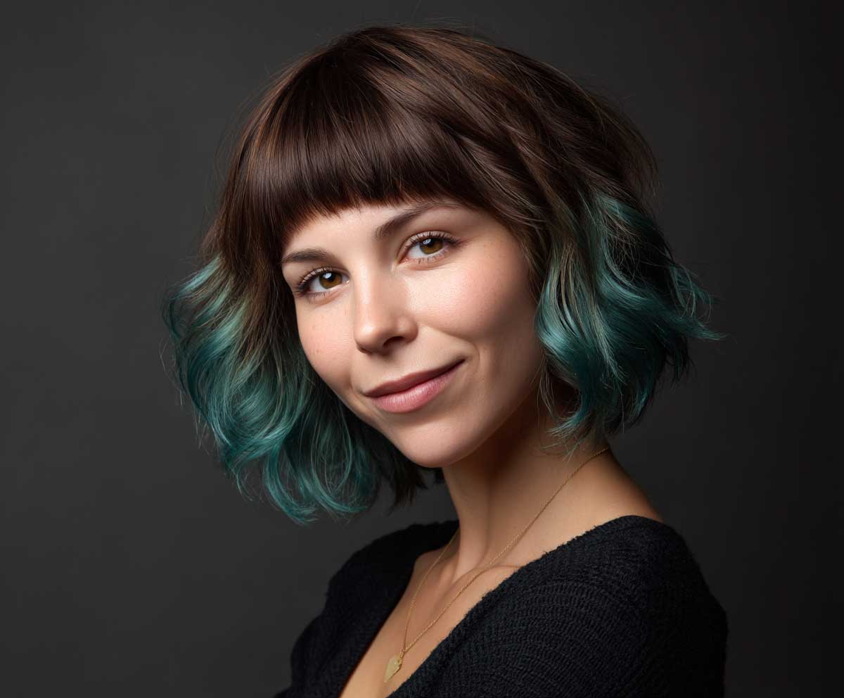 portrait of a young woman with round face, electric teal peekaboo highlights under dark chocolate brown curtain bangs, layered shoulder-length hair, soft lighting, gentle smile, indoor studio setting