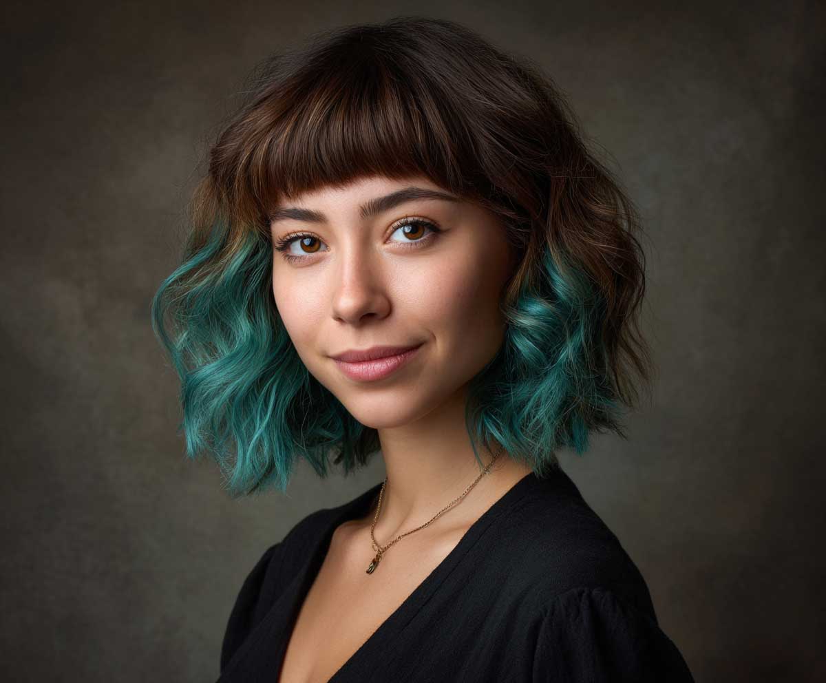 portrait of a young woman with round face, electric teal peekaboo highlights under dark chocolate brown curtain bangs, layered shoulder-length hair, soft lighting, gentle smile, indoor studio setting