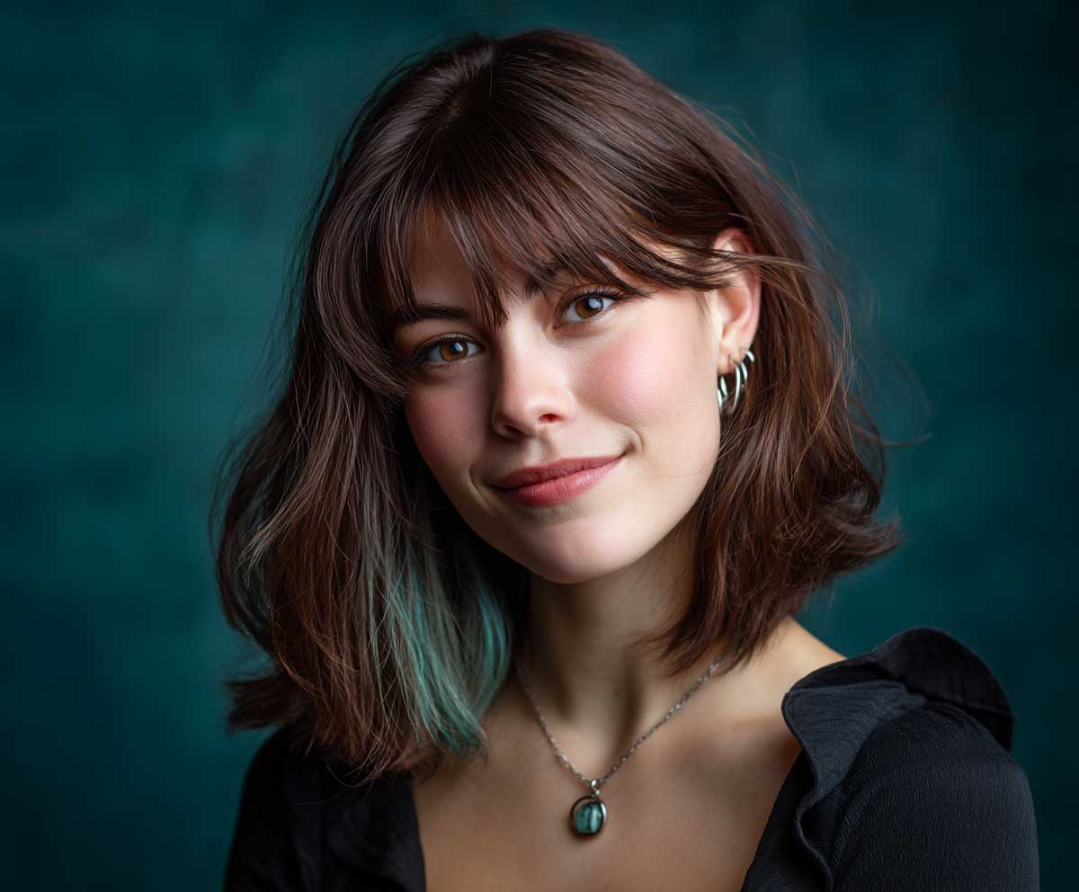 portrait of a young woman with round face, electric teal peekaboo highlights under dark chocolate brown curtain bangs, layered shoulder-length hair, soft lighting, gentle smile, indoor studio setting
