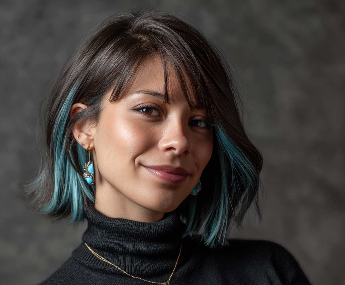 portrait of a young woman with round face, electric teal peekaboo highlights under dark chocolate brown curtain bangs, layered shoulder-length hair, soft lighting, gentle smile, indoor studio setting