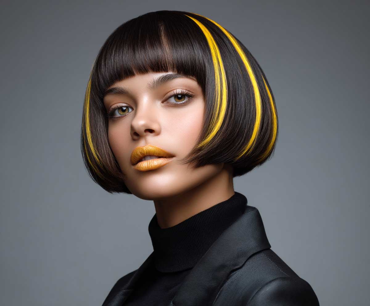 studio portrait of a woman with round face shape and high layered bob haircut, citrine yellow highlights on black hair, sleek and glossy, fashion-forward look, clean background, beauty editorial style