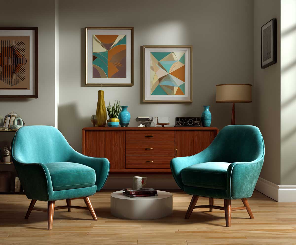 Mid-century modern living room with teal velvet chairs, walnut sideboard, warm lighting, vintage decor elements, geometric art, clean layout, soft shadows, stylish and cozy atmosphere