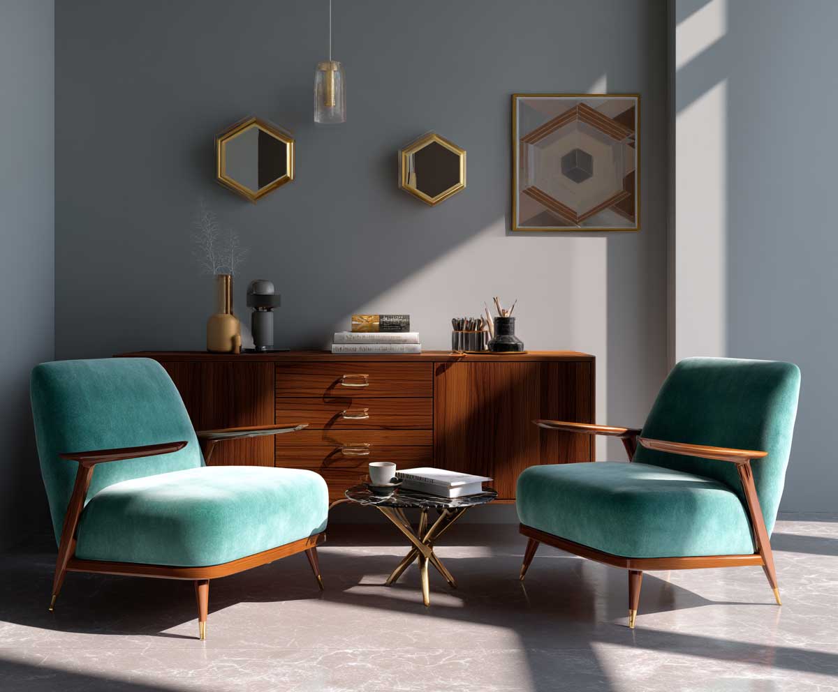 Mid-century modern living room with teal velvet chairs, walnut sideboard, warm lighting, vintage decor elements, geometric art, clean layout, soft shadows, stylish and cozy atmosphere