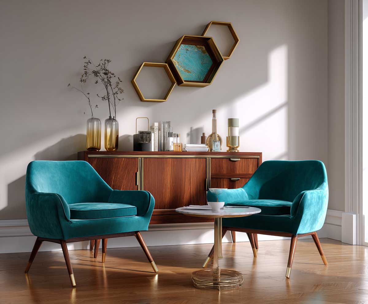 Mid-century modern living room with teal velvet chairs, walnut sideboard, warm lighting, vintage decor elements, geometric art, clean layout, soft shadows, stylish and cozy atmosphere
