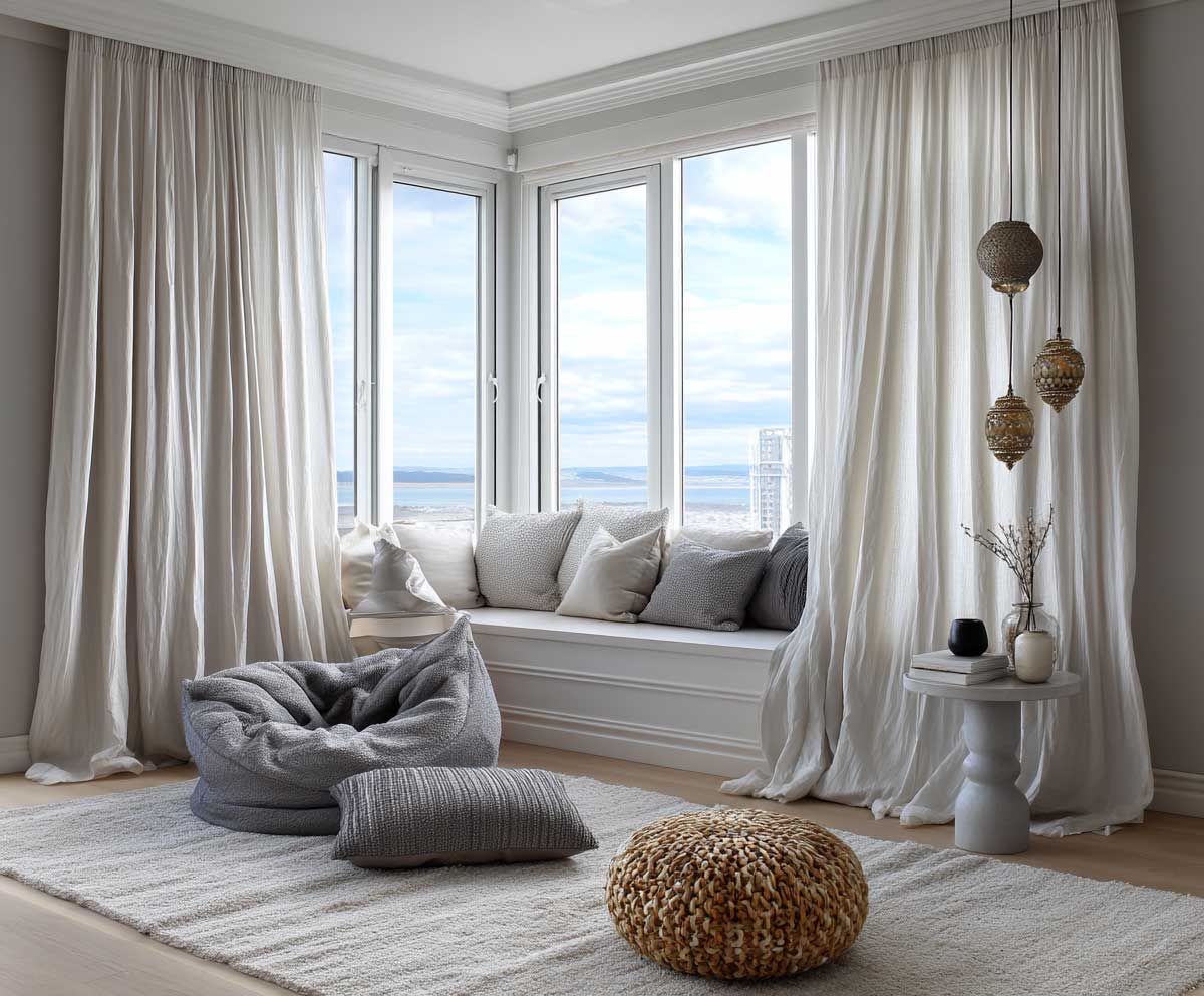 Scandinavian living room featuring white linen drapes, pale gray rugs, soft pillows, monochrome decor, sunlight filtering through large windows, relaxed vibe, stylish simplicity