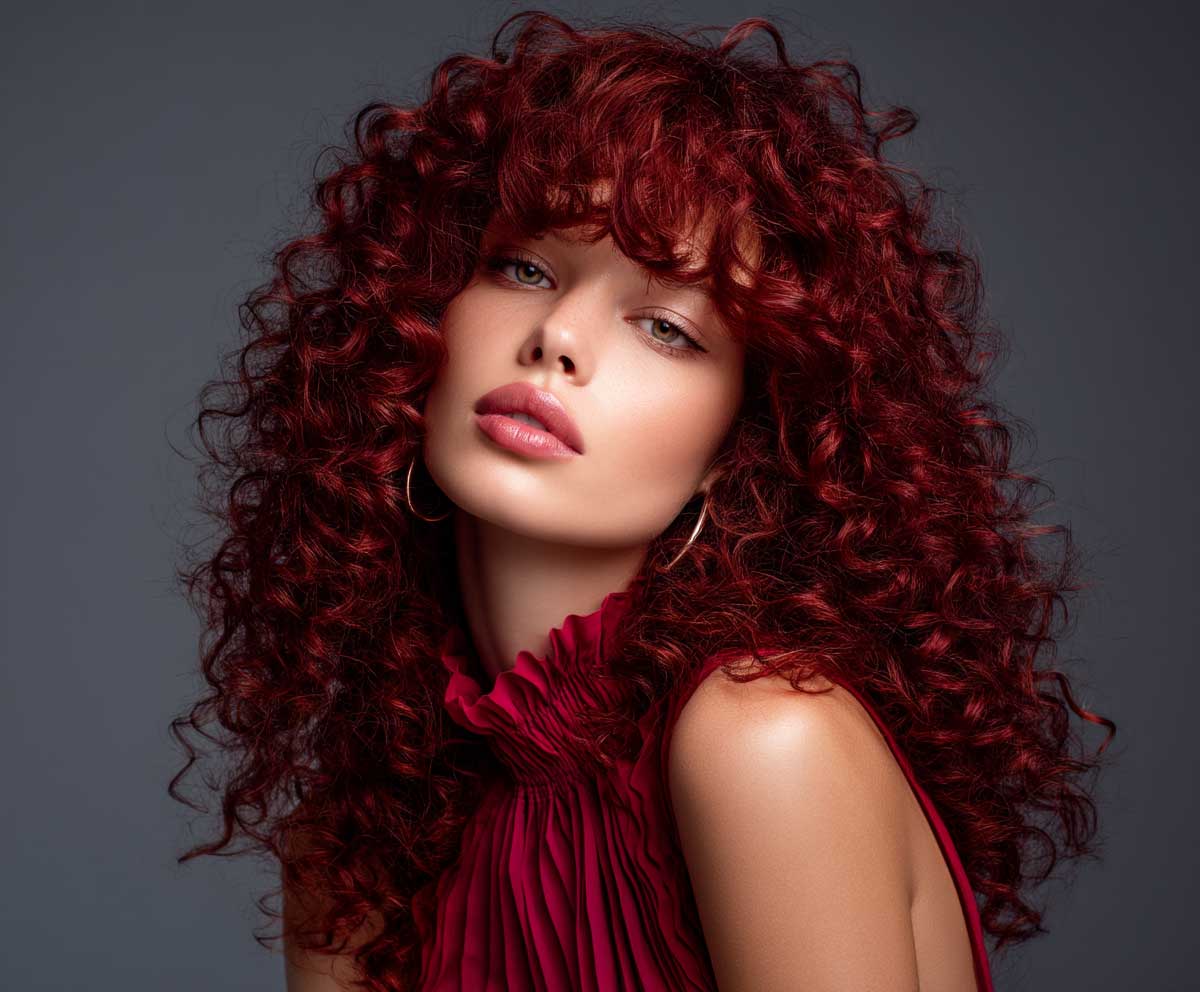 Model with long raspberry red curly hair, soft side swept bangs brushing the cheek, rich volume and layered curls, romantic studio lighting, fashion portrait, full body angle, bright modern look