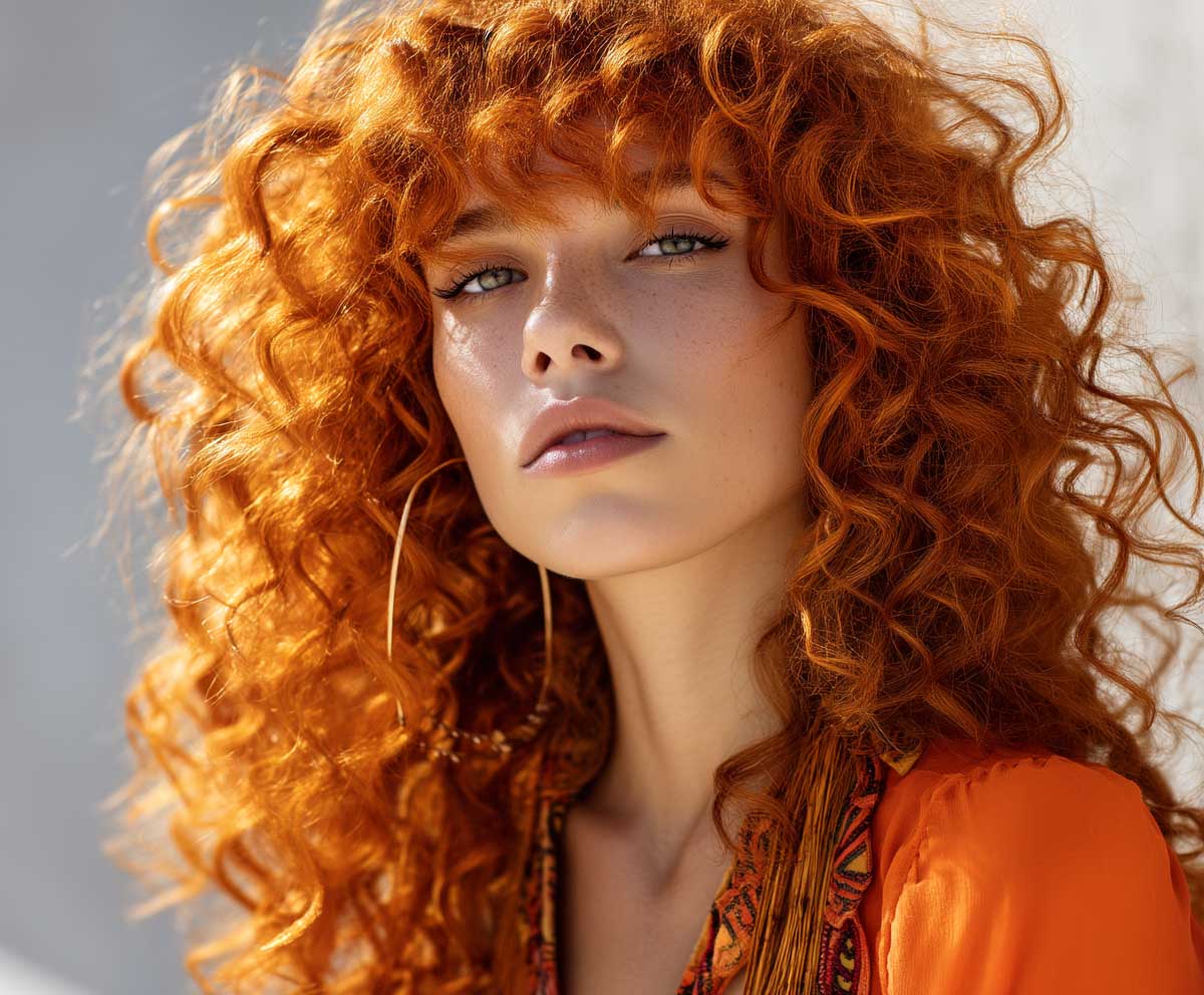 Young woman with citrus orange long curly hair, full cascading side bangs, wild voluminous curls, bright summer light, boho fashion feel, full body photo, editorial composition