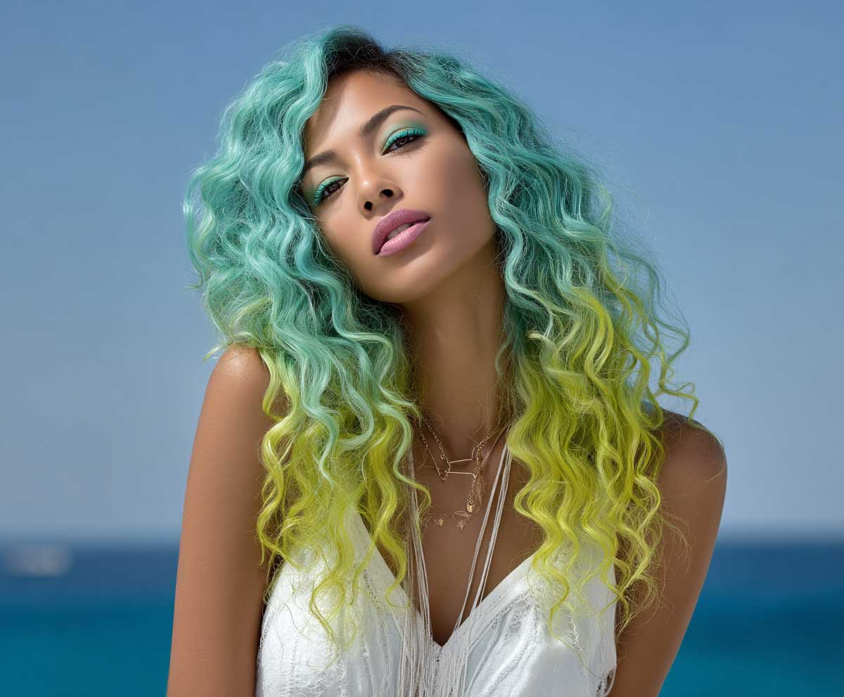 Model with long curly ombre hair fading from teal roots to lime green ends, ocean-inspired look, bouncy curls, sunny outdoor setting, full-length editorial style