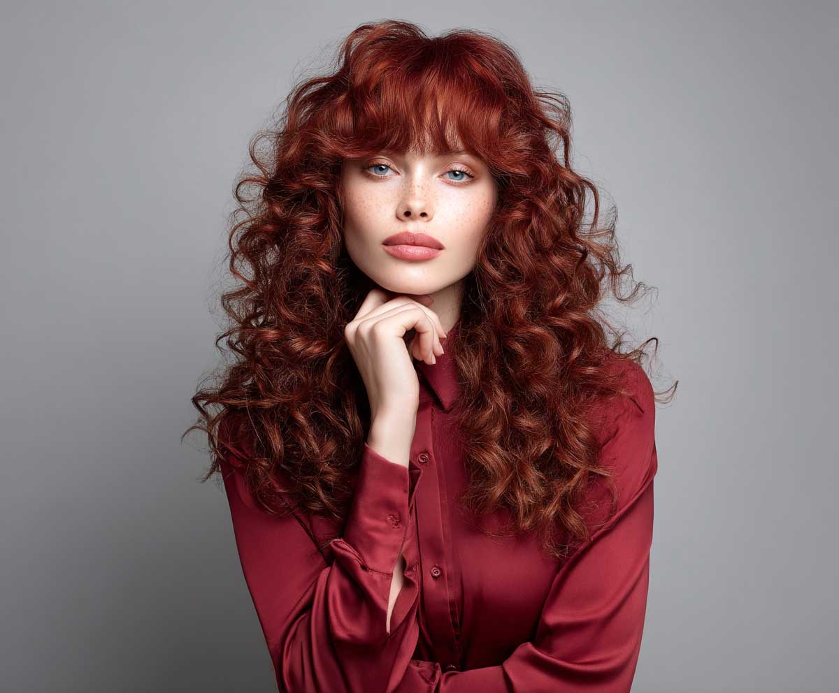 Model with long raspberry red curly hair, soft side swept bangs brushing the cheek, rich volume and layered curls, romantic studio lighting, fashion portrait, full body angle, bright modern look