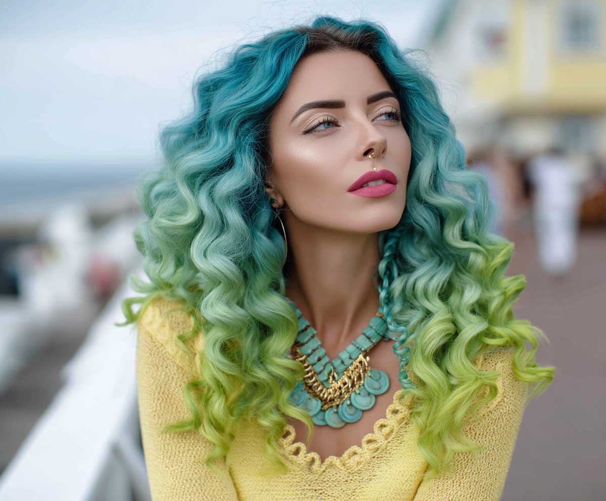 Model with long curly ombre hair fading from teal roots to lime green ends, ocean-inspired look, bouncy curls, sunny outdoor setting, full-length editorial style