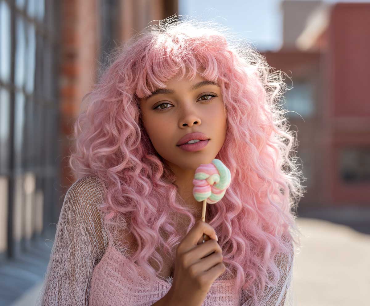 Young woman with cotton candy pink long curly hair, wispy parted curtain bangs, fluffy curl volume, bright sunny outdoor setting, full body fashion portrait