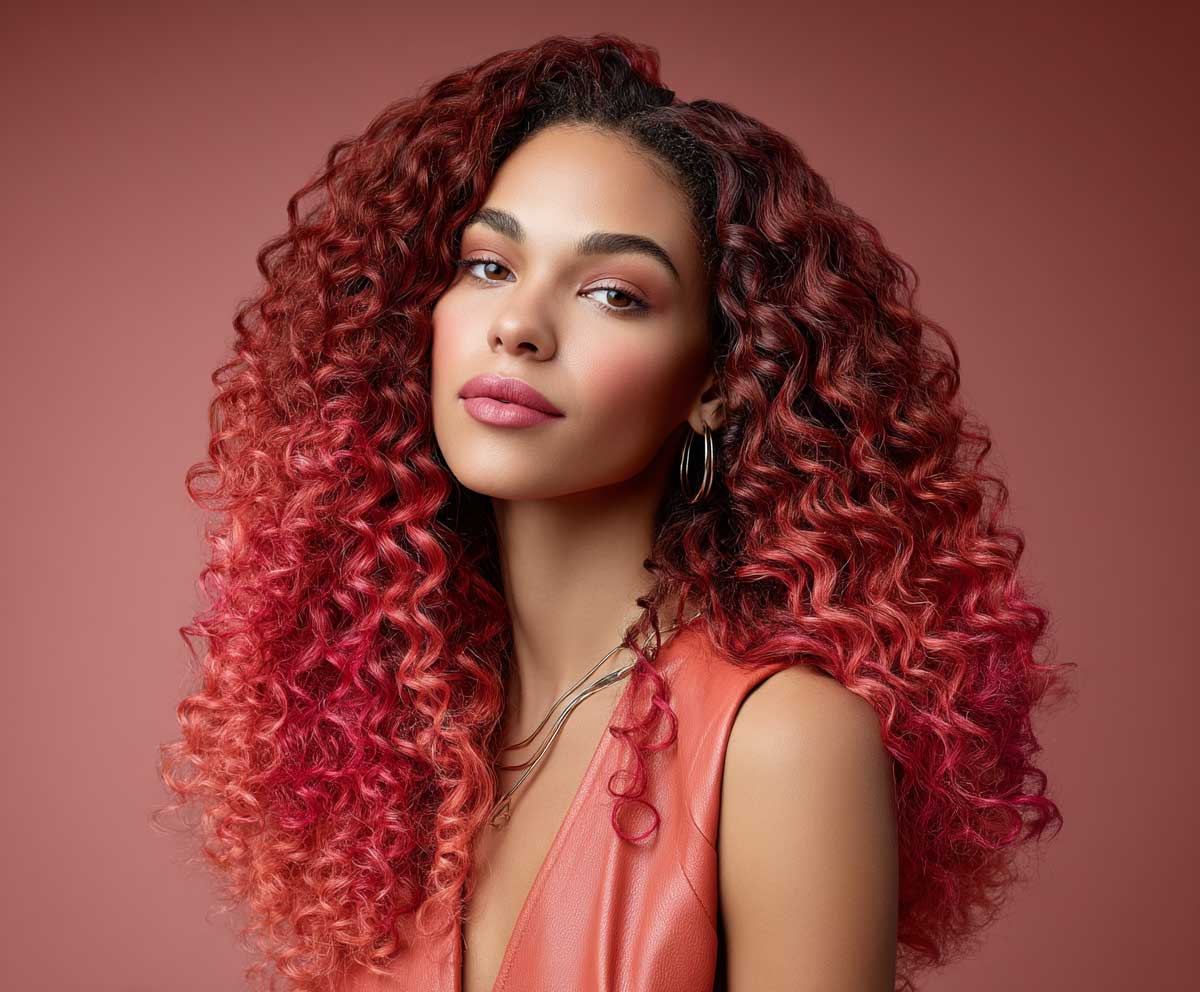 Young woman with long curly hair in ruby red melting into coral ombre, tight spirals full of shine and motion, glowing skin, fashion-forward look, full body soft lighting